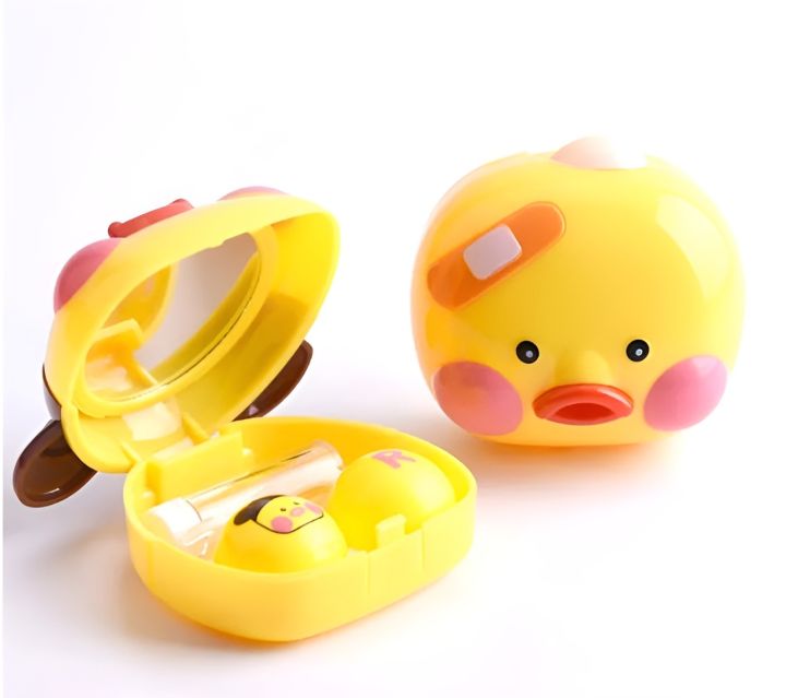 Cartoon Yellow Dimpled Duck Contact Lens Case Contact Lens Kit Inserter Remover With Mirror Portable Travel Set Spectacle Case Gift Travel Kit Mini Pocket Eye Care Kit Easy Take Container Holder Lens Kit