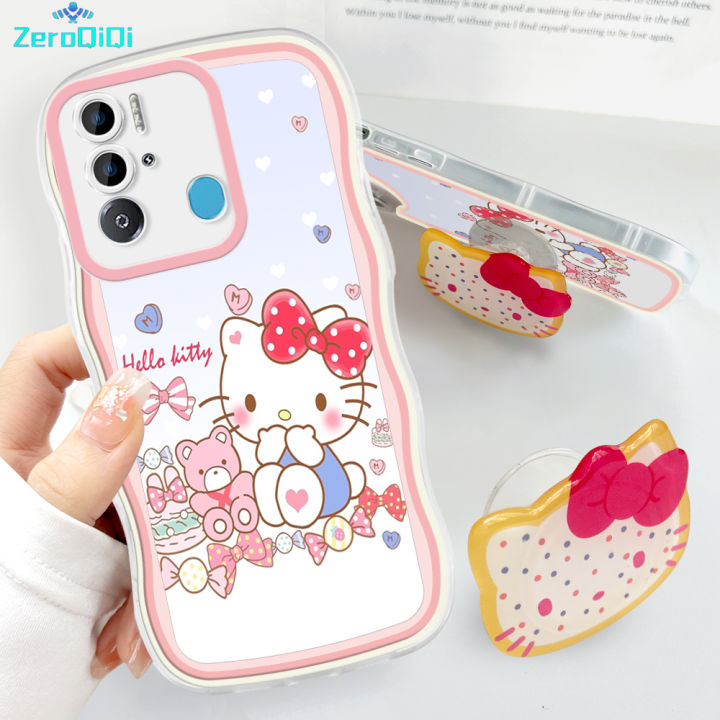 ZeroQiQi for Tecno Pova Neo Back Cover With Free Holder Cute Kitty Wavy Phone Case Camera Protection Transparent TPU Soft Cover for Girls