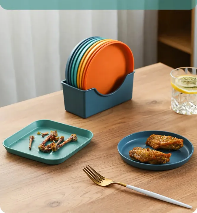 Square%20Plastic%20Dinner%20Plate%20Set%20(Set%20of%2010%20Pcs)%20Colorful%20Snacks/Breakfast%20Plate%20with%20Stand%20-%20Image%202