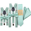 Hot New Sage Green Solid 2.5cm Suspender 6cm Tie Hankie Bow Set Men Kid Cravat Brace Adjustable Straps Wedding Party Accessory. 