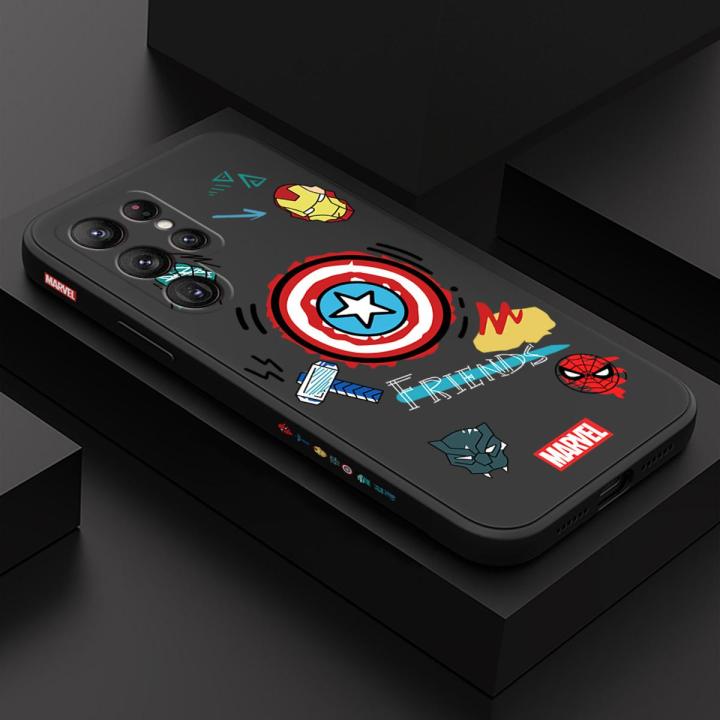 Samsung S22 Ultra 5G Marvel Superhero Ironman Spiderman Captain American Print Side Design Square Phone Case Edge Pattern Liquid Silicone Casing Full Cover Camera Shockproof Protection Case