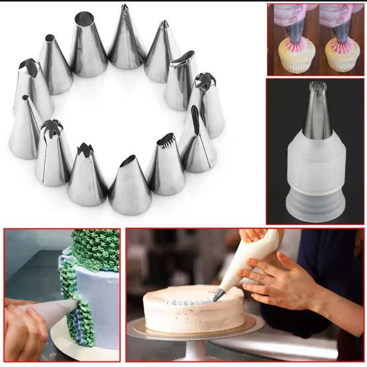 14pcs Cake Piping Nozzle Tools Set Silicone Icing Piping Cream Pastry Bag, Stainless Steel Nozzle Pastry Tips Converter for Dessert Decoration