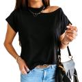 Women T-shirt Short Sleeve One Shoulder Mock Neck Halter Blouse Top. 