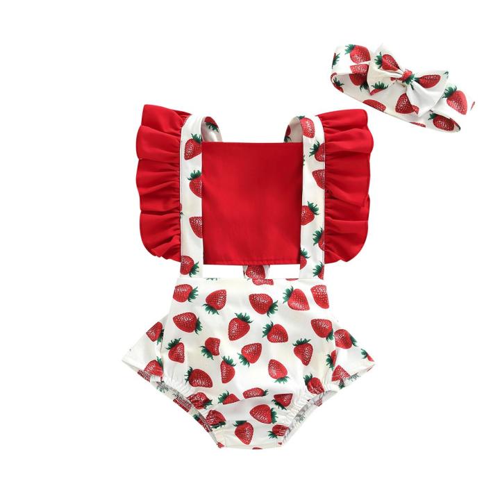 Baby Girls Summer Romper with Headband, Adjustable Ruffle
