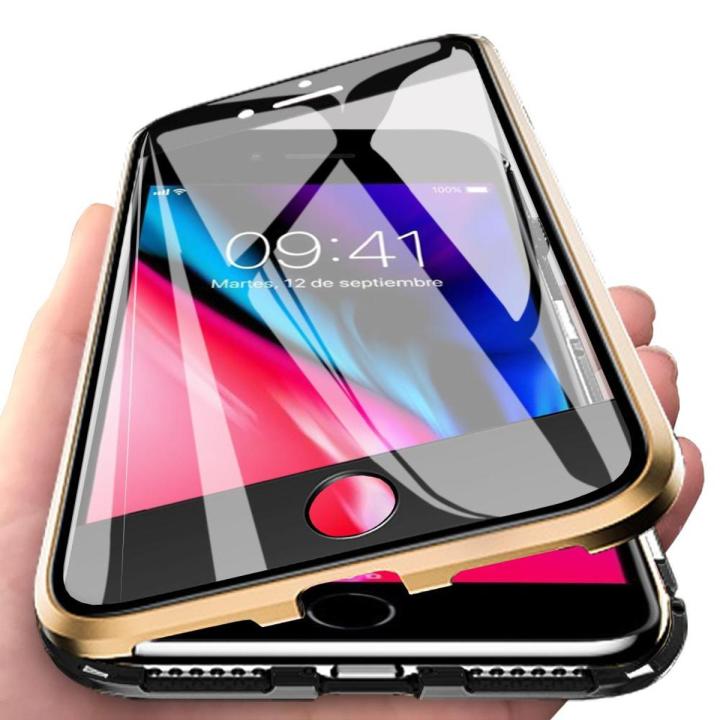 For Apple iPhone 8 plus Casing 360° Full Body Transparent Tempered Glass with Magnetic Adsorption Metal Bumper Case Cover