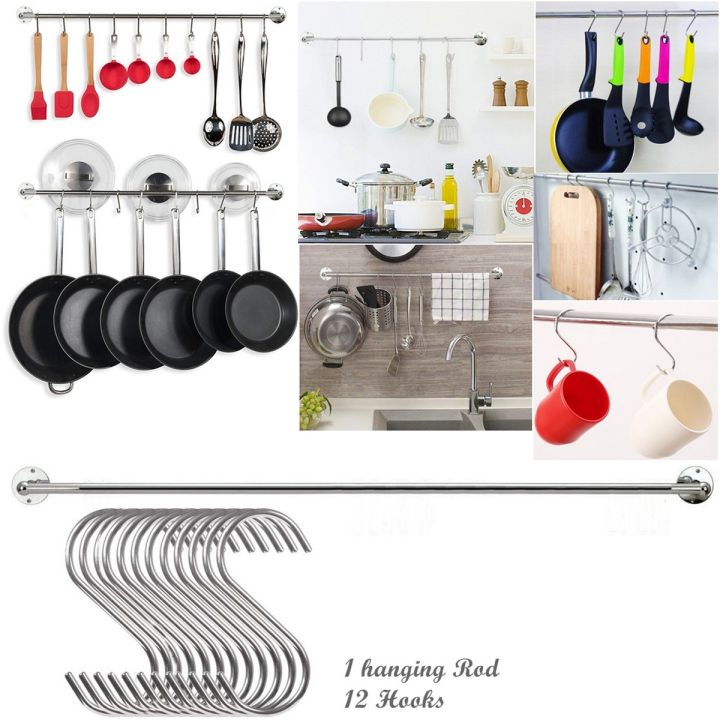 Wall Mount Kitchen Rail Set Utensils Pot Lid Storage Hanging 12 Hooks Organizer With Rod