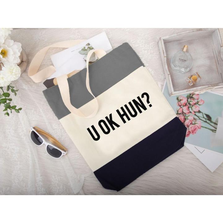 Vagile U OK HUN? Cool Attitude Slogan Printed Designer Handbag Heavy Canvas Tri-Color Fancy Canvas Tote Bags for Girls