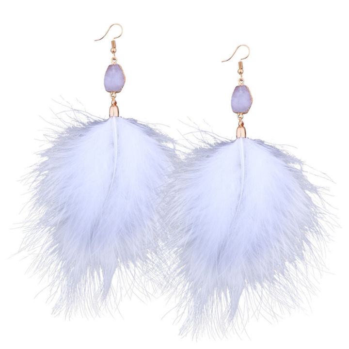 【Beiver Jewelry Store】HOCOLE Bohemia Fluffy Feather Tassel Earrings For Women Black White Long Fur Drop Earrings Wedding Statement Brinco