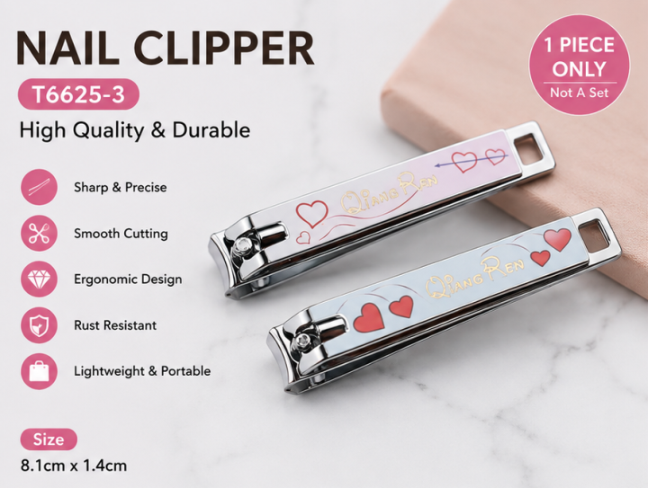 T6625-3 Premium Nail Clipper for Men & Women, Stainless Steel Fingernail and Toenail Cutter with Sharp Precision Cutting Edge, Smooth Comfortable Operation, Durable Metal Body, Stylish Heart Design, Compact Portable Personal Grooming Tool