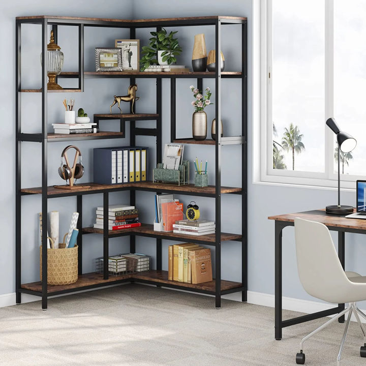 Customised%206-Shelf%20Corner%20Bookshelf,%20Large%20Modern%20Corner%20Bookcase,%206-Tier%20Tall%20Corner%20Shelf%20Storage%20Display%20Rack%20with%20Metal%20Frame%20for%20Living%20Room%20Home%20Office%20(Rustic%20Brown),%20Customizable%20-%20Image%202