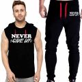 Black Vinyl Dumble Printed Gym Summer Hooded Sleeveless Tracksuit for Mens (Hooded Tshirt + Trouser ). 