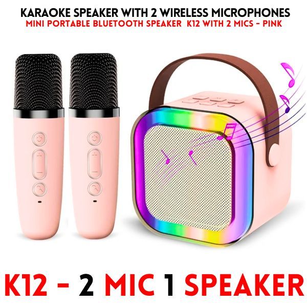 K12 Wireless Mic With Speaker - Single / Double RGB 7 Colour Dancing Light Karaoke Mic With Portable Bluetooth Microphone For Recording With Speaker For Music - 3 in 1 USB / AUX / SD Card Slot Karaoke Handheld Microphone - Black, Blue & Pink Colours