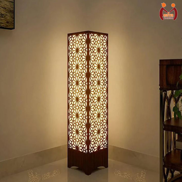 Wooden Floor Lamp – Modern Tall Standing Lamp with Decorative Laser Cut ...