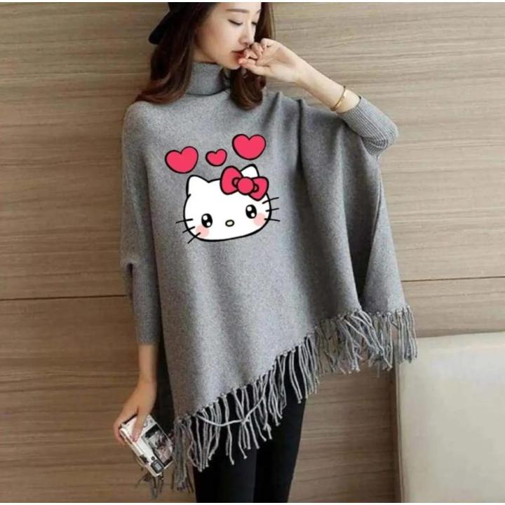 MK Garments - Winter Collection Woman's Kitty Printed  Fleece Shoal Poncho For Girls