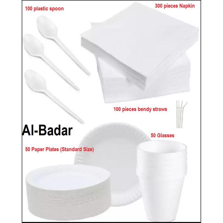 Disposable Cutlery Party Pack - Napkins, Plates, Glasses, Spoons And Straws