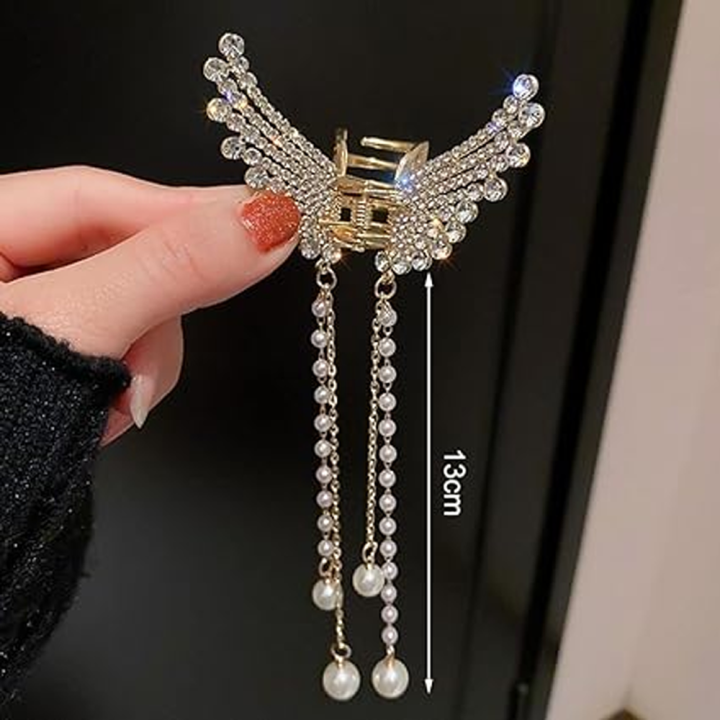Crystal Pearl Angel Wings Hair Clip with Tassel for Women, Elegant Butterfly Design, Non-Slip, Perfect for Thick Long Hair