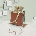 Women’s Crossbody Pearl Bag – Leather Square Bucket Style Clutch Handbag. 