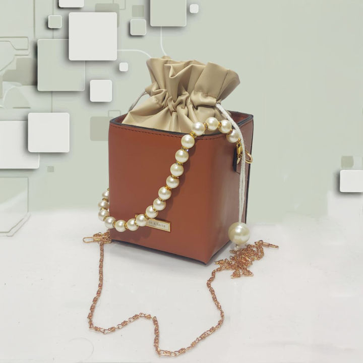 Women’s Crossbody Pearl Bag – Leather Square Bucket Style Clutch Handbag