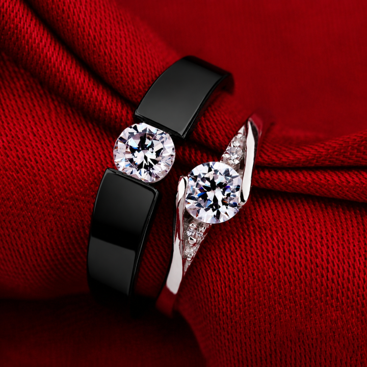 Timeless Love Rings – Modern Black & Silver Couple Ring Set