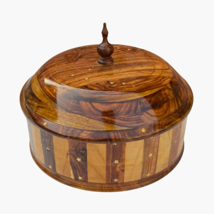 Pakistan Roti Container Insulated Wooden Handmade Striped Hot Pot with Steel Bowl | Sheesham Wood Chapati ...