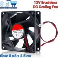12V DC 80mm x 80mm x 25mm 2 Pin Dual Ball Bearing Brushless Quiet Cooling Fan. 
