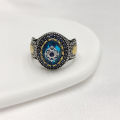 2022Accessories Blue Gem Micro-Inlaid Zircon Ring Men's Retro Pattern Two-Color Open Ring. 