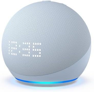 Amazon Echo Dot (5th Gen) with clock • Compact smart speaker with Alexa and enhanced LED display for at-a-glance clock, timers, weather, and more • Cloud Blue