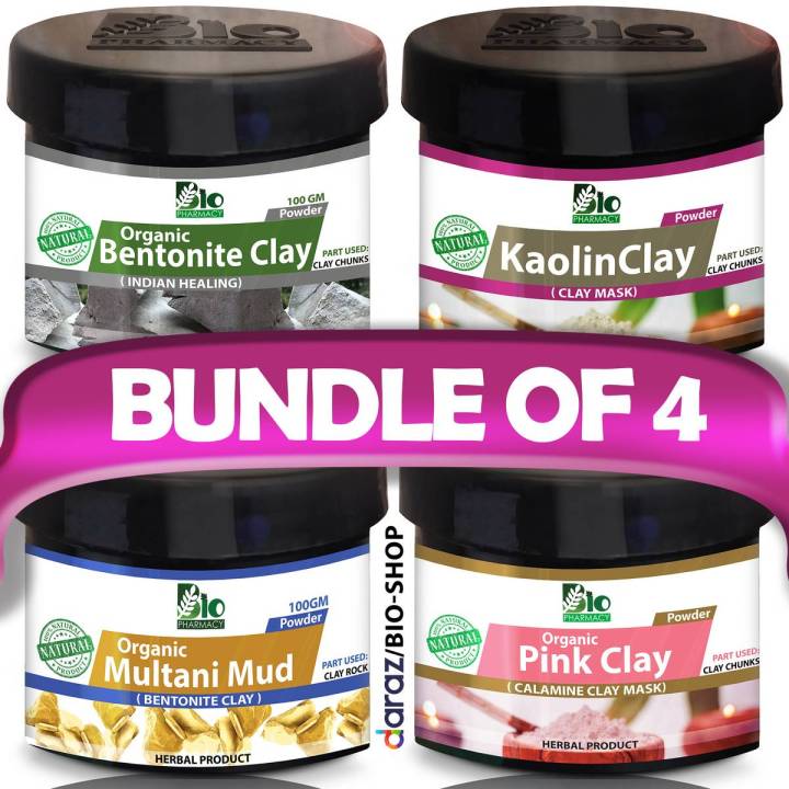 Bundle of 4 Clay Mask Fine Powder  Bentonite Clay  Multani Mitti Powder  Kaolin Clay  Pink Clay 100% Natural