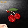 Women's Gorgeous Cute Red Rhinestone Cherry Leaf Fruit Brooch Pin Accessory. 