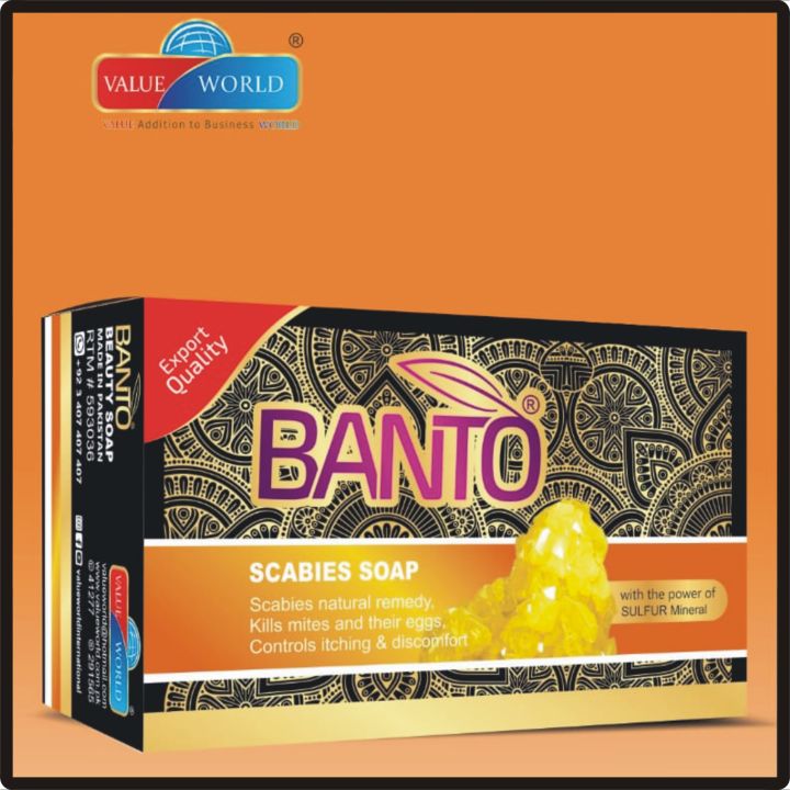 BANTO ANTI SCABIES SOAP BEST NATURALS REMEDY FOR SCABY KILLS MITES EXPORT QUALITY CONTROL ITCHING PURIFY THE SKIN PREVENT OUTBREAKS REDUCE PIMPLE SCARS, REDUCES EXCESS OIL CLEANS PORES REMOVES BLACKHEADS WITH POWER OF SULFER MINERALS 85GRAM