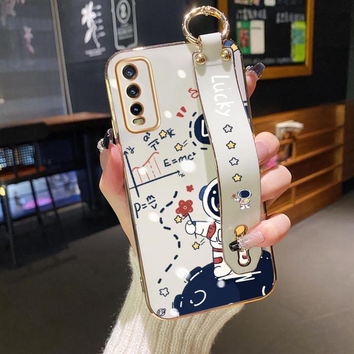 YIWESAN For vivo Y20s Case With Wristband New Design Phone Case For Girl Women Thin Pattern Fashion Astronaut Shockproof Plating Silicone Casing Full Cover SoftCase Protection Cases