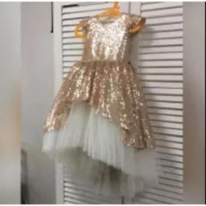 Golden And White, Flower Kids Girls Frock Dress, Bridesmaid, Party, Wedding, Birthday,  ( Fabric Sequin, And Net,)  ( Size 03 Month To 16 Yrs)