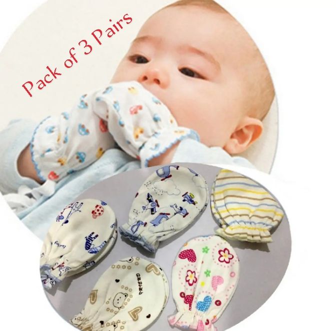 Pack Of 3 Pairs - Soft Cotton Baby Mittens For Newborn Baby Gloves Baby Infant