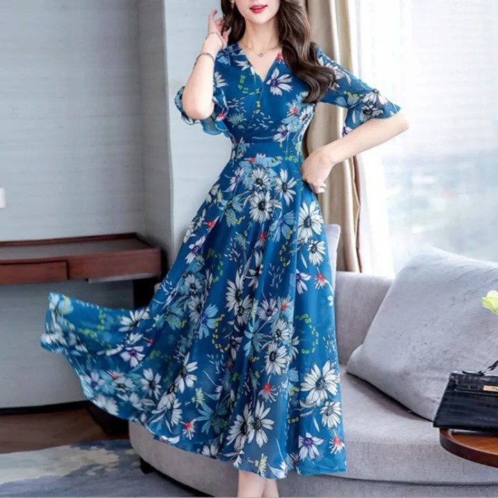 Yfashion%20Summer%20Floral%20Printing%20A-line%20Skirt%20For%20Women%20%20V-neck%20Short%20Sleeves%20Dress%20Flared%20Sleeves%20Midi%20Skirt%20color%20-%20Image%208