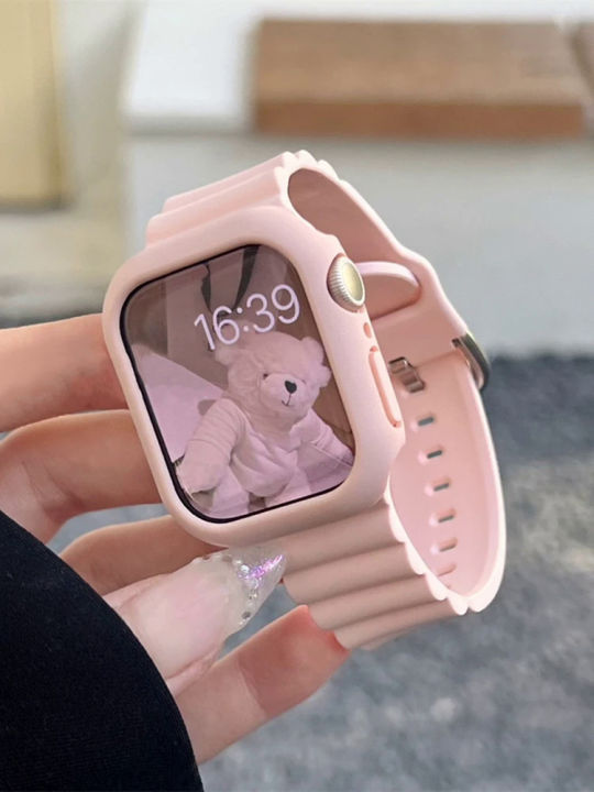 【Pizazzazz】Korea Baby Pink Cute Soft Silicone Sport Band For iwatch 9 7 8 SE 6 5 Girl Strap For Apple Watch 41mm 40mm 38mm 42 44 45mm 49mm