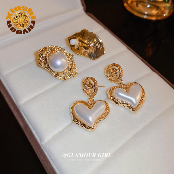 ES S Needle Mid-Ancient Pleated Flower Pearl Hearth-Shaped Earrings Retro Elegant High-Grade Ear Studs Niche Earrings Popular On Web Women