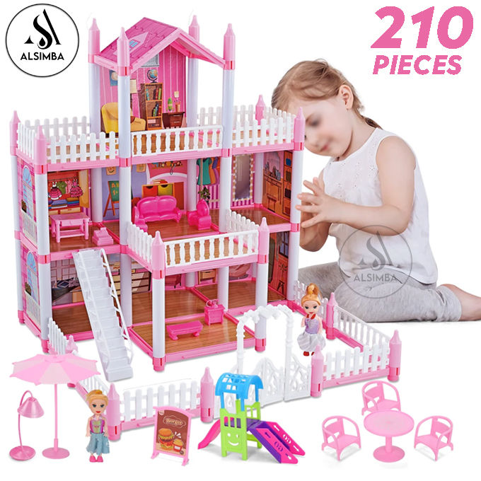 Cottage Girl DIY Assembled Game 201 Pieces 3-Storey 8 Rooms Huge Big Doll House Villa Children's Family DIY Accessories Assembly Dream Castle Toy Girl Gift - Sieze Approx. 20 Inchs