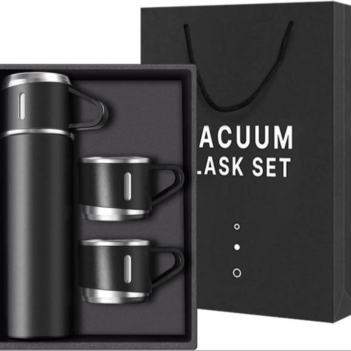 Vacuum Flask Set with 3 Cups Combo  500ml/16.9oz Vacuum Insulated Bottle with Cup Top Grade Stainless Steel Double Wall Insulated Thermos Travel Flask Bottle for Tea / Coffee / Water to keep Hot & Cold Up to 12 Hours suitable for Indoor or Outdoor Use