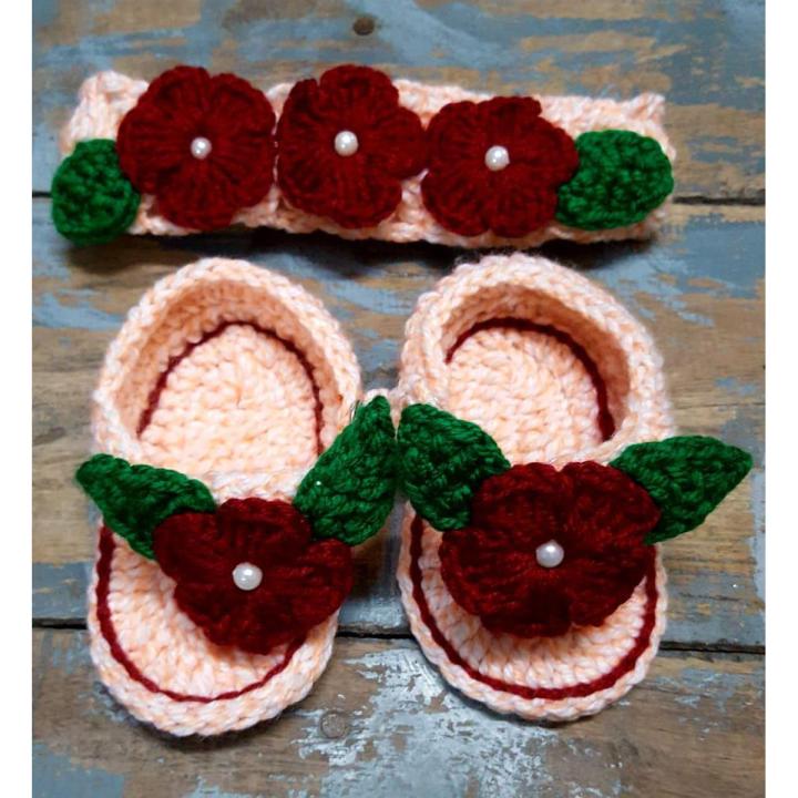 Cute Multi Color Woolen Handmade Crochet Baby Summer Sandal & Head Band