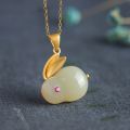 BLACK ANGEL Jade Rabbit Jewelry Set Khotan Jade Ring Ancient Gold Inlaid Chalcedony Necklace Stud Earrings Cute Bunny Pendant. 