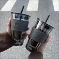 450ml Glass Tumbler with Straw, Lid & Leather Sleeve, Reusable Coffee Mug for direct drinking, Mug for Fruit Juice and Milk Shake Coffee Cup. 
