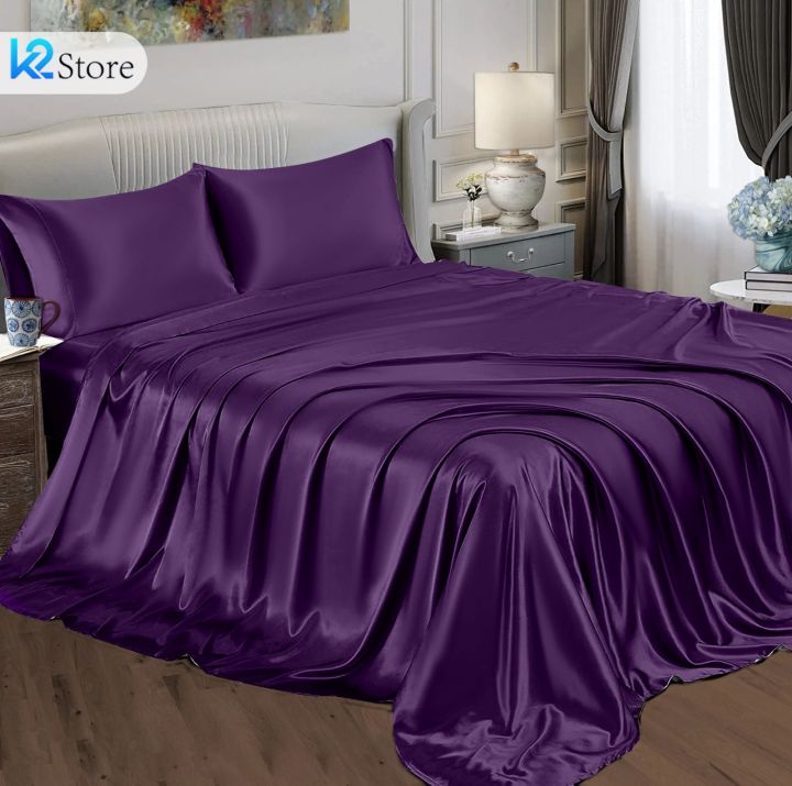 Silk Bedsheet Plain King Size, 3 Piece Printed Fancy Silk 1 Bed Sheet King Size with 2 Silk Pillow Covers, Silk Bed Sheet King Size Fancy has Soft and Luxurious Feel