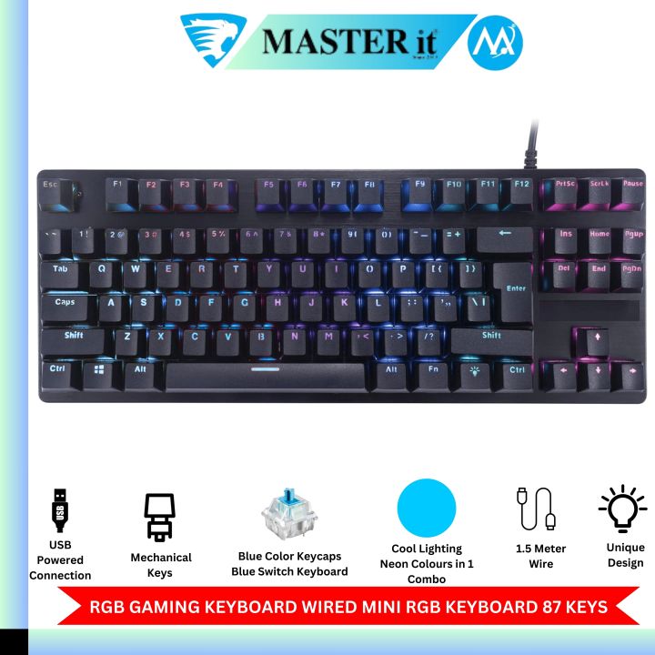 Neon Light Gaming Keyboard - Mechanical Keyboard Blue Switch Wired Mini Single Light Keyboard 87 Keys With Out Numpad - Neon Light Mechanical Keyboard With 2 Colour in 1 Black & White/Grey - Detachable USB Wired For Professional Gaming