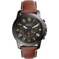 Fossil Grant Brown Leather Strap Black Dial Chronograph Quartz Watch for Gents - FS5241. 
