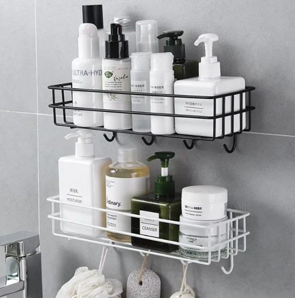 Bathroom Metal Shelf with 4 hooks for Room and Bathroom Storage Hanging Shelf Organizer-Wall-Mounted Spice Rack Organizer, Shower Shampoo Holder, Bathroom Corner Frame,black, white