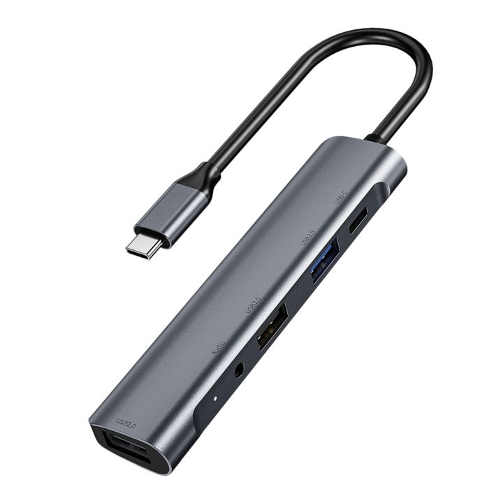 5 in 1 USB-C Hub Adapter, 3.5mm Audio Jack USB 2.0 3.0 Type C 60W PD Docking Station for Laptop Desktop,QC521
