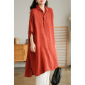 Yfashion Women Linen Shirt Retro Button Design Half-sleeve Solid Color Casual Mid-length Blouse Tops color. 