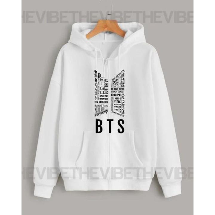 White Bts Printed Winter Zipper Full Seeves Hoodie For Women