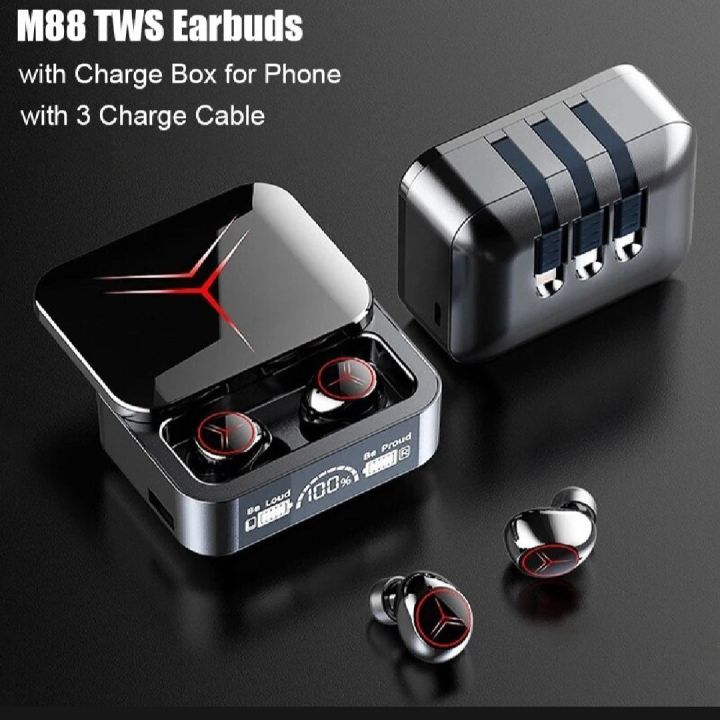 M88 Plus Wireless Earbuds TWS Bluetooth Headset  With 3 cable Charger Box LED Display Earbuds With Mic