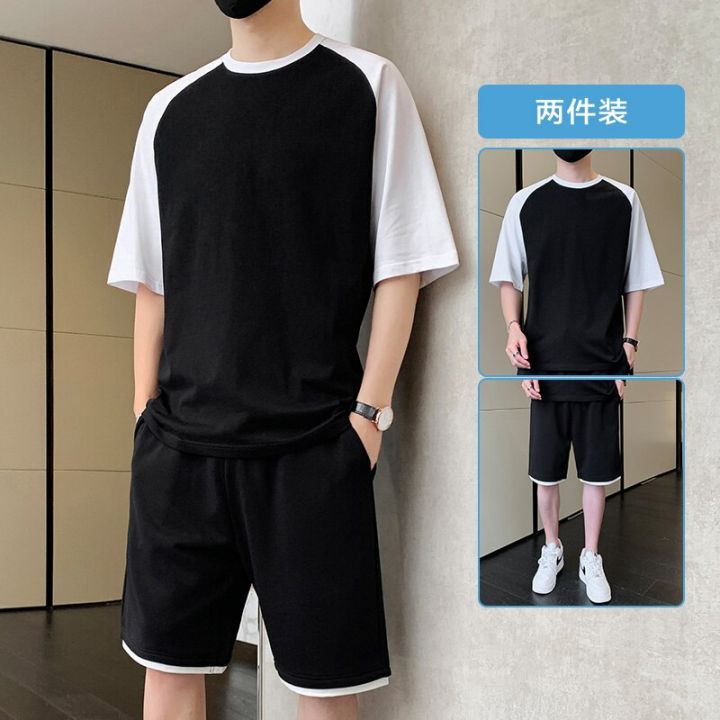 Korean%20Fashion%202%20Piece%20Set%20Men%20Summer%20Clothes%20Patchwork%20Tracksuits%20Men%20Sports%20Wear%20Streetwear%20Outfits%20Men%20Clothing%20Pure%20Cotton%20-%20Image%202